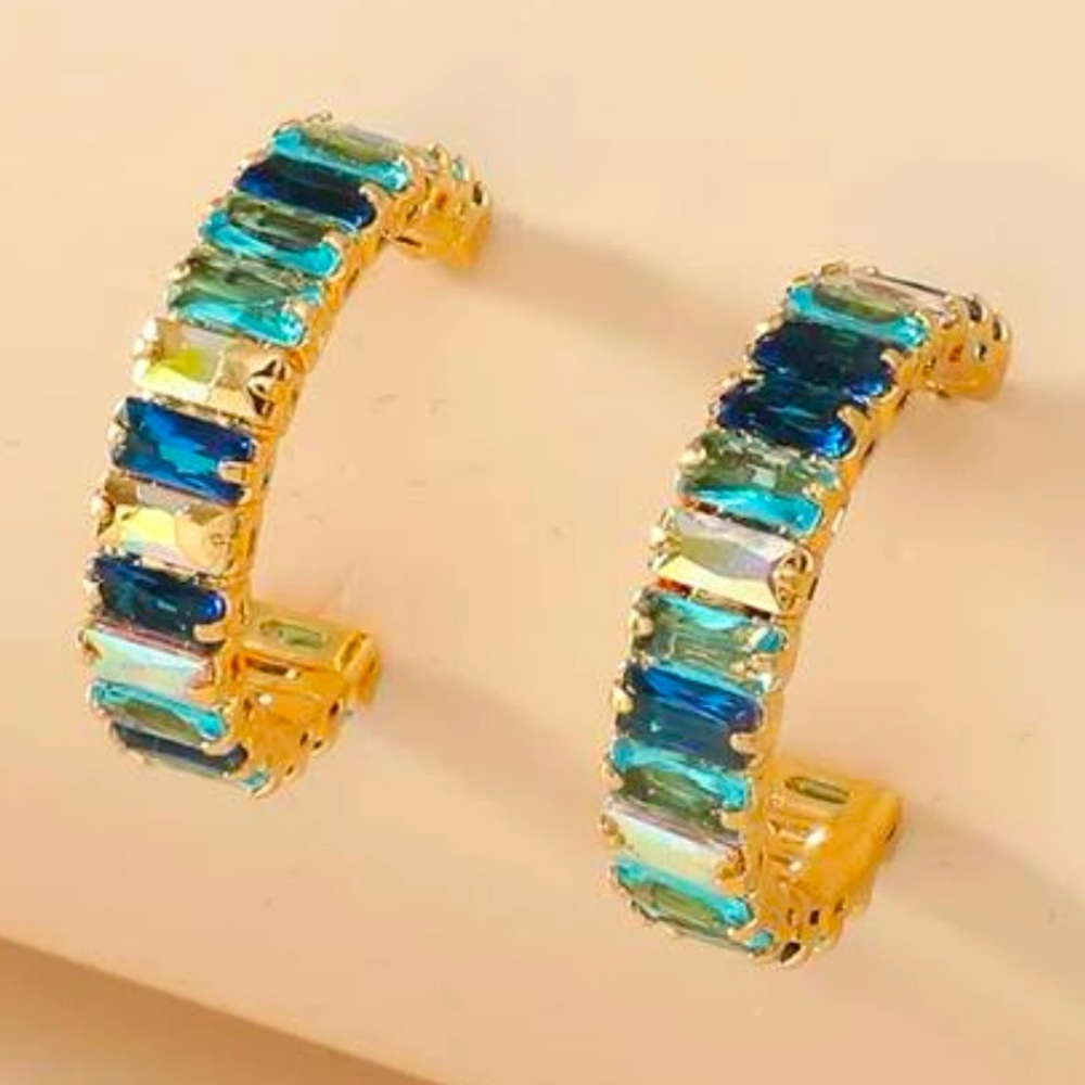Blue Cubic Zirconia 14k Hoop Earrings